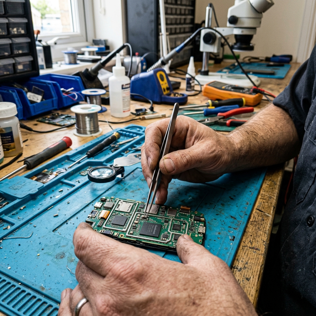 Technician repairing mobile phone motherboard